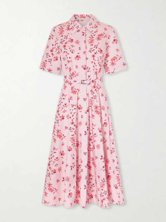 Image of Dresses. Product name - Rubie Belted Floral-print Organic Cotton-poplin Midi Dress in Baby pink colour by brand - Emilia Wickstead