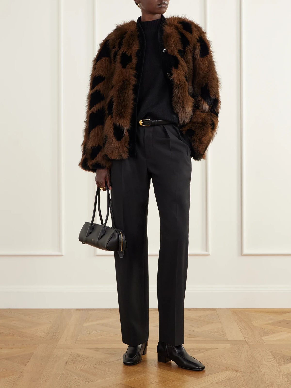 Image of Coats & Jackets. Product name - Chausie Leopard-pattern Velvet-trimmed Plush Jacket in Dark brown colour by brand - BLAZÉ Milano