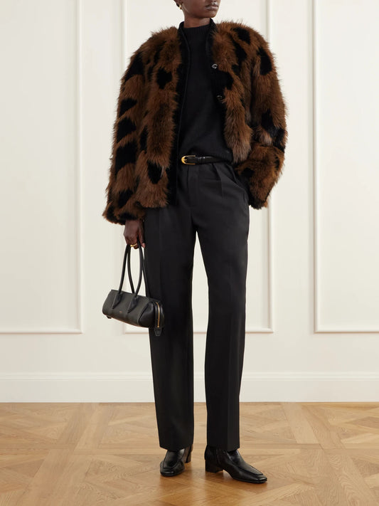 Image of Coats & Jackets. Product name - Chausie Leopard-pattern Velvet-trimmed Plush Jacket in Dark brown colour by brand - BLAZÉ Milano