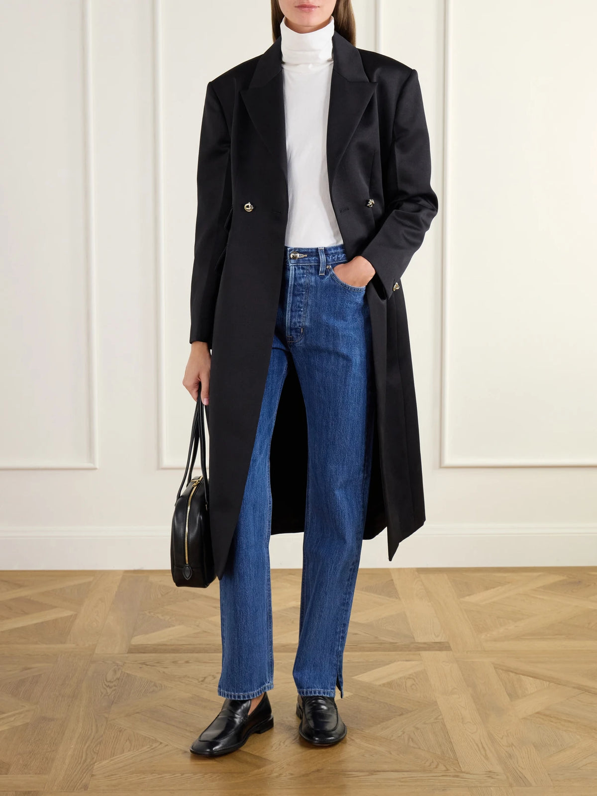 Image of Coats & Jackets. Product name - The Ophelia Double-breasted Satin-trimmed Wool-twill Coat in Black colour by brand - RÙADH