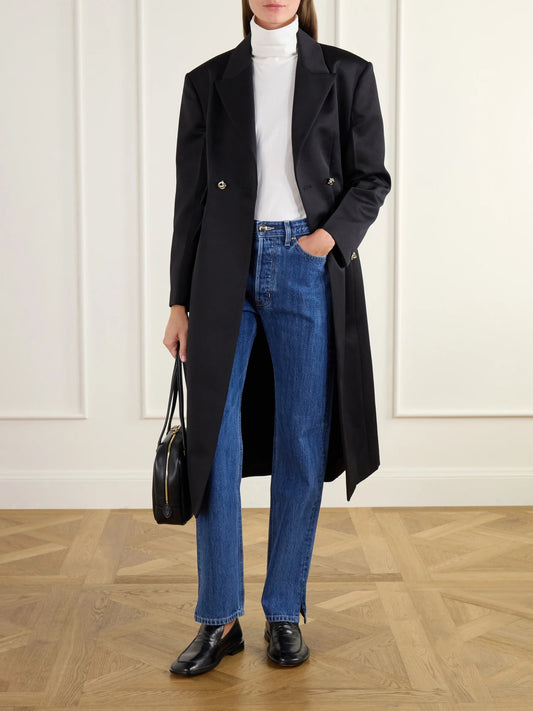 Image of Coats & Jackets. Product name - The Ophelia Double-breasted Satin-trimmed Wool-twill Coat in Black colour by brand - RÙADH