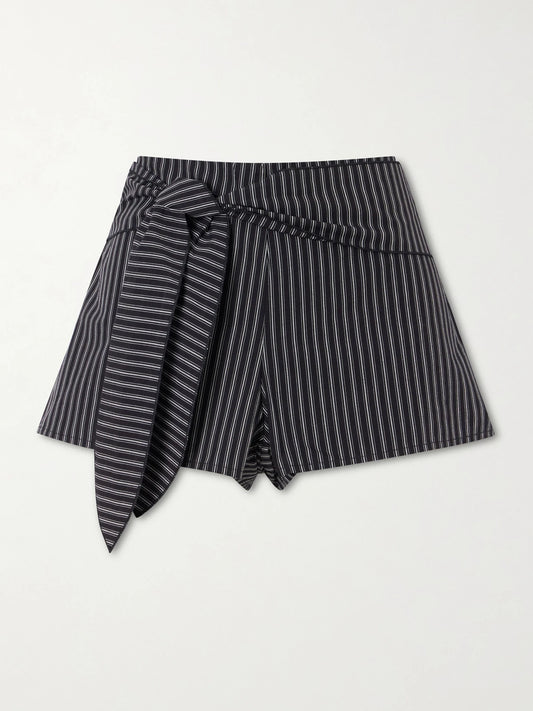 Image of Sleepwear & Loungewear. Product name - Belted Striped Organic Cotton Shorts in Dark gray colour by brand - Deiji Studios