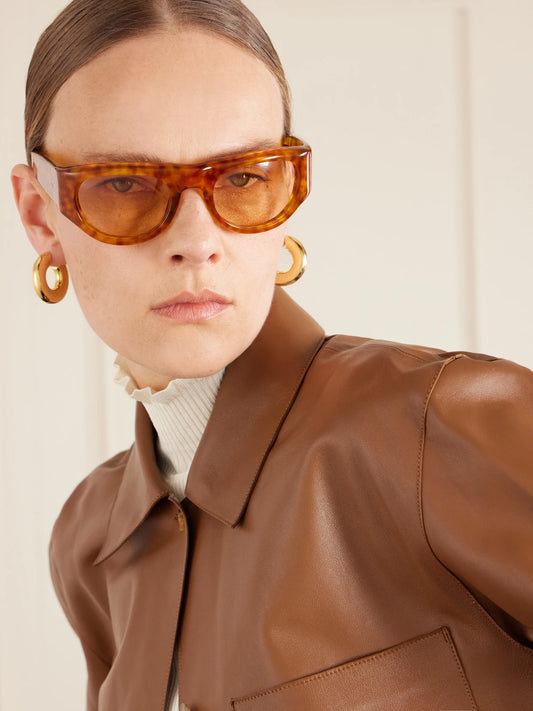 Image of Sunglasses. Product name - D-frame Tortoiseshell Acetate Sunglasses in Camel colour by brand - Jacques Marie Mage