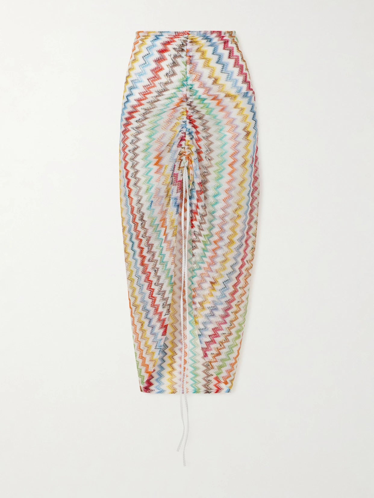 Image of a model wearing Skirts. Product name - Gathered Striped Metallic Crochet-knit Midi Skirt in Blue colour by brand - Missoni
