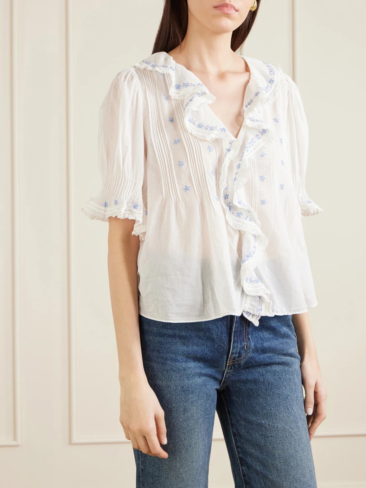 Hettie Lace-trimmed Embroidered Organic Cotton-voile Blouse