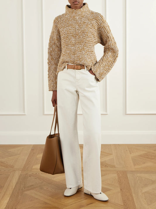 Image of a model wearing Outerwear. Product name - Pippa Turtleneck Knit Sweater in Beige colour by brand - Proenza Schouler White Label
