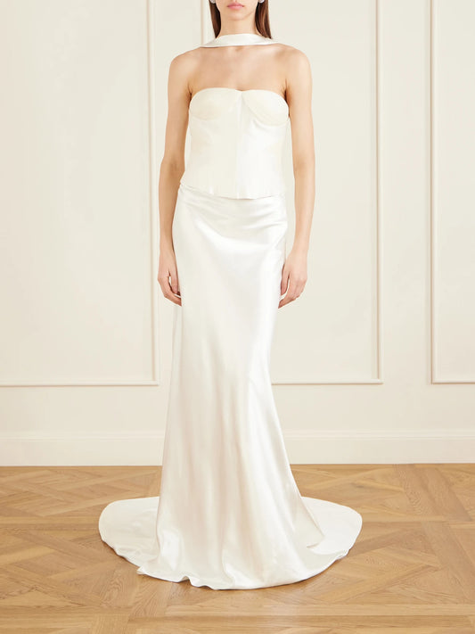 Image of a model wearing Tops. Product name - Viola Gathered Draped Tulle-trimmed Wool And Silk-blend Twill Top in Off-white colour by brand - Danielle Frankel