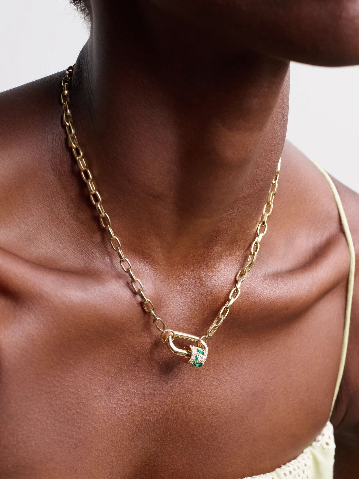Image of Necklaces. Product name - Lock 14-karat Gold, Diamond And Emerald Necklace in Multi colour by brand - Marla Aaron