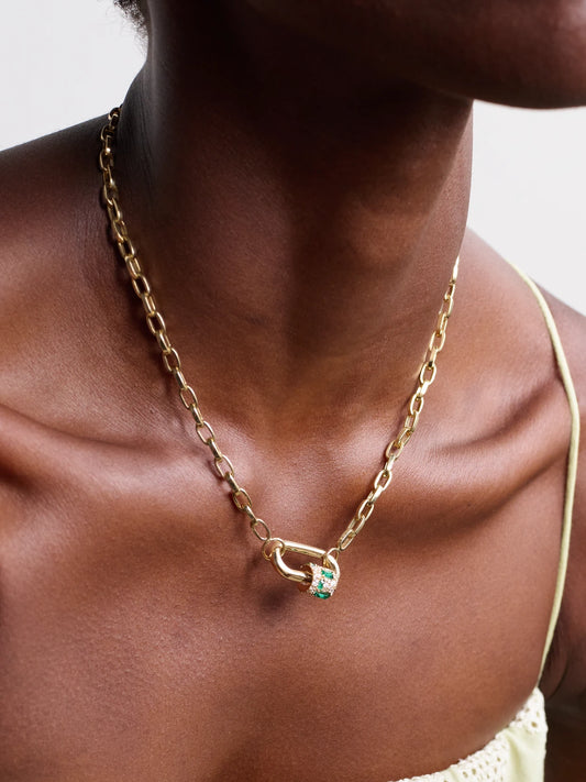 Image of Necklaces. Product name - Lock 14-karat Gold, Diamond And Emerald Necklace in Multi colour by brand - Marla Aaron
