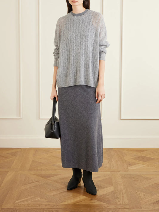 Image of a model wearing Outerwear. Product name - Amabel Cable-knit Cashmere And Silk-blend Sweater in Light gray colour by brand - LISA YANG