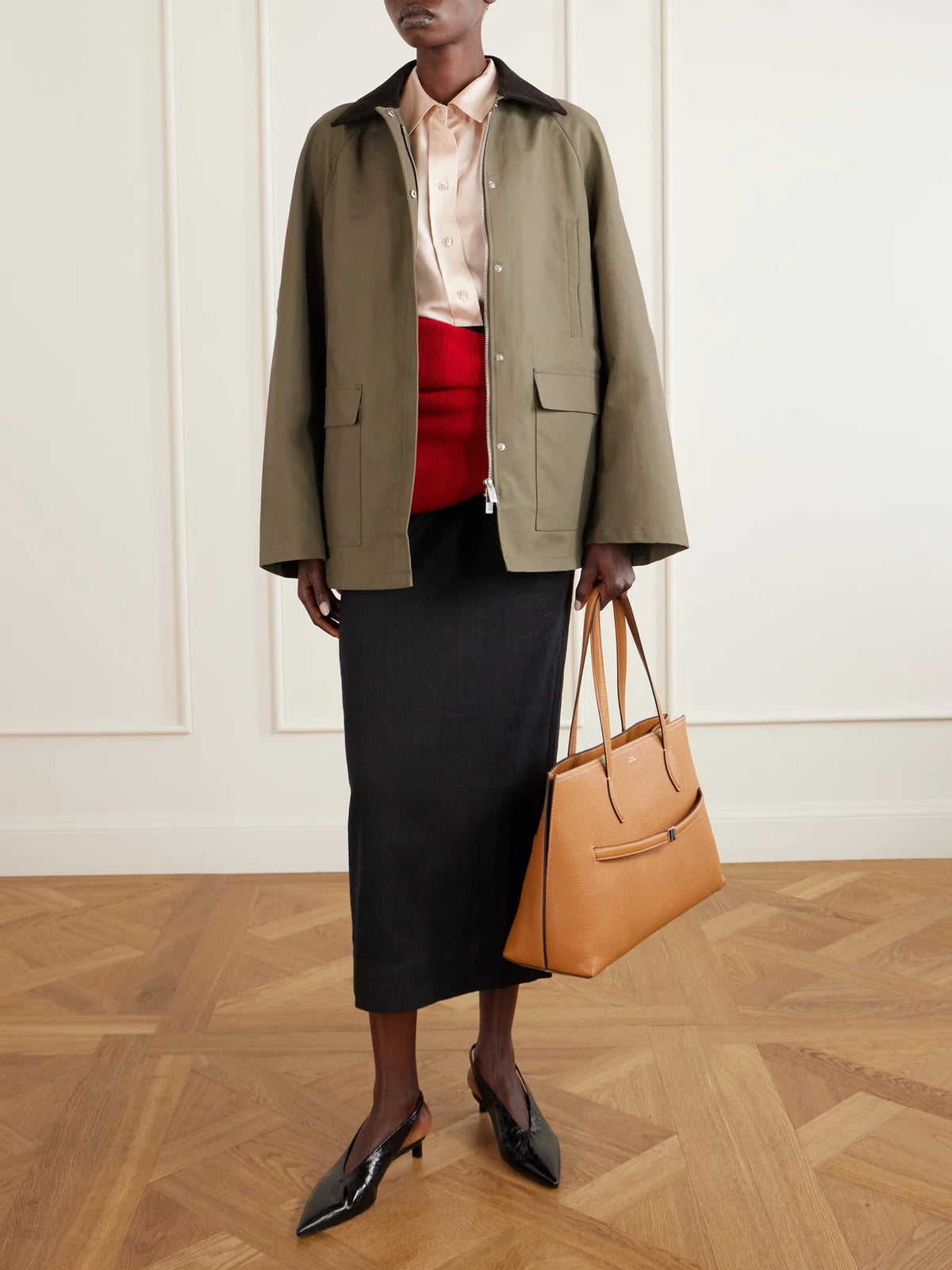 Image of Coats & Jackets. Product name - Corduroy-trimmed Cotton-gabardine Coat in Army green colour by brand - TOTEME