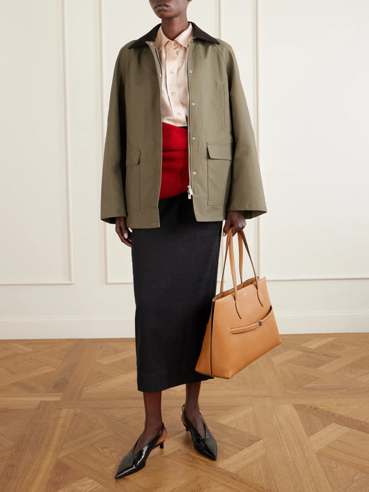 Image of Coats & Jackets. Product name - Corduroy-trimmed Cotton-gabardine Coat in Army green colour by brand - TOTEME