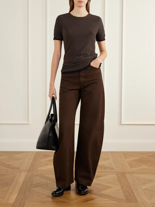 Image of a model wearing Tops. Product name - Cotton-jersey T-shirt in Brown colour by brand - B SIDES