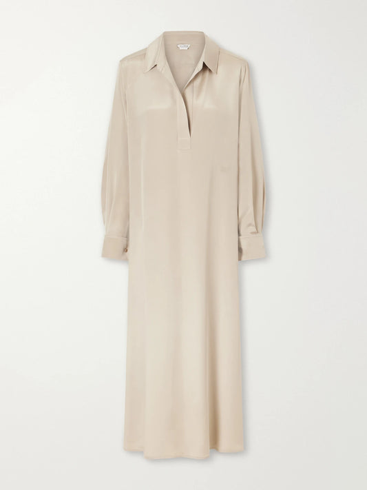Image of Dresses. Product name - Logo-embroidered Silk-crepe De Chine Midi Dress in Stone colour by brand - Max Mara