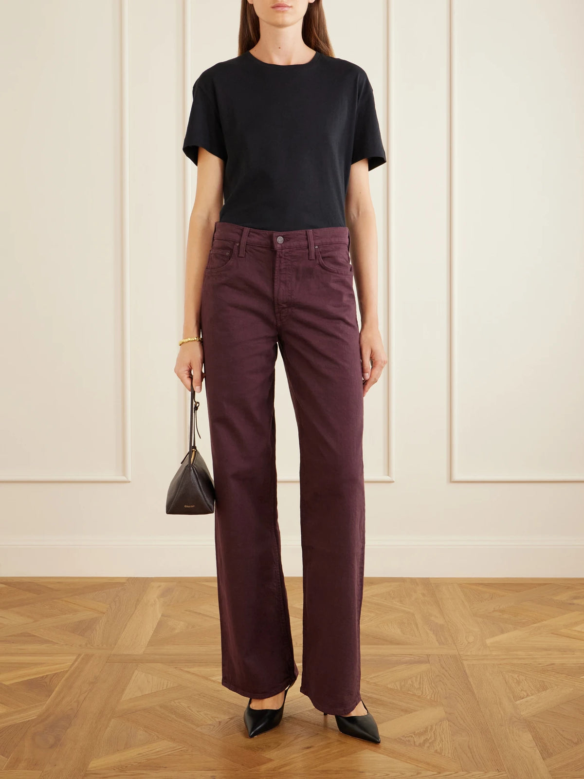 Image of Jeans. Product name - The Rerun Zip Sneak High-rise Wide-leg Jeans in Burgundy colour by brand - Mother