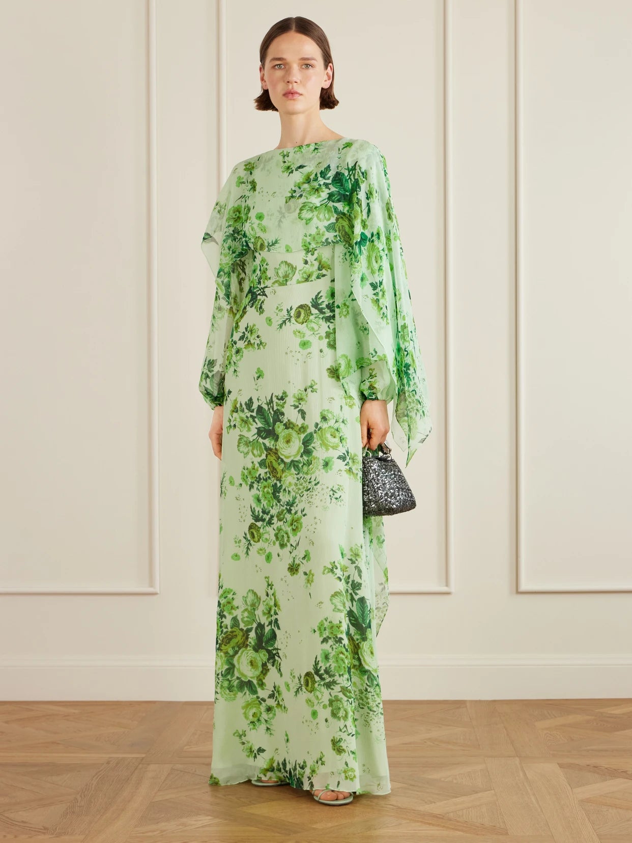 Image of Dresses. Product name - Floral-print Crêpon Gown in Mint colour by brand - Erdem