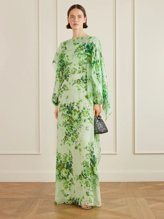 Image of Dresses. Product name - Floral-print Crêpon Gown in Mint colour by brand - Erdem