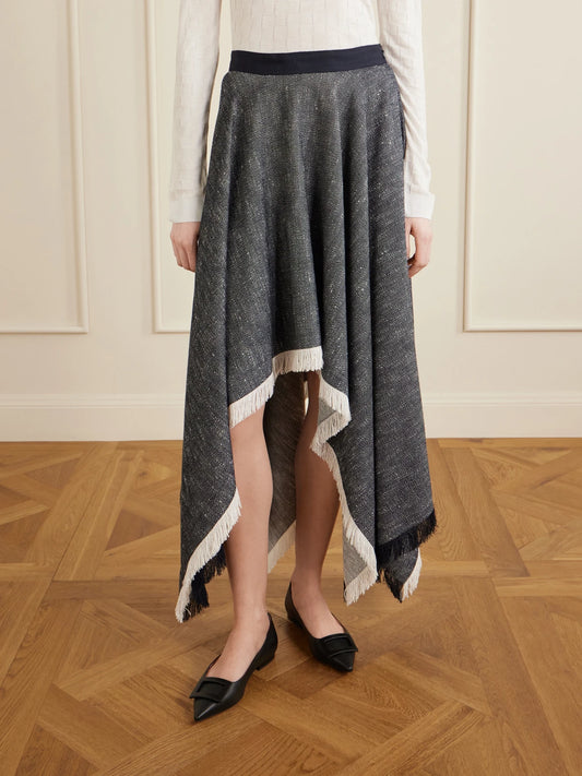Frayed Asymmetric Tweed Midi Skirt