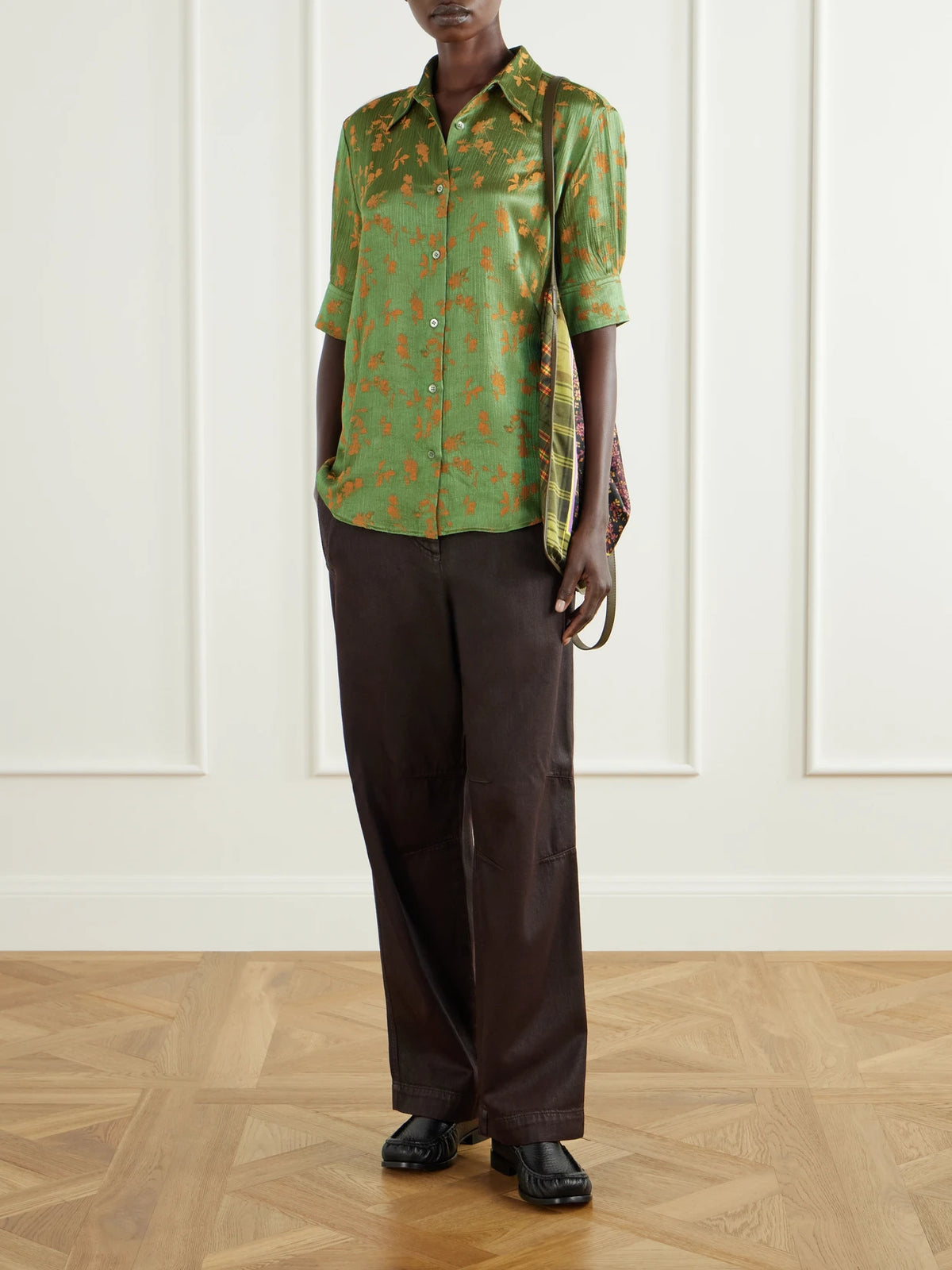Image of a model wearing Tops. Product name - Floral-jacquard Shirt in Light green, Burgundy, Multi colour by brand - Dries Van Noten