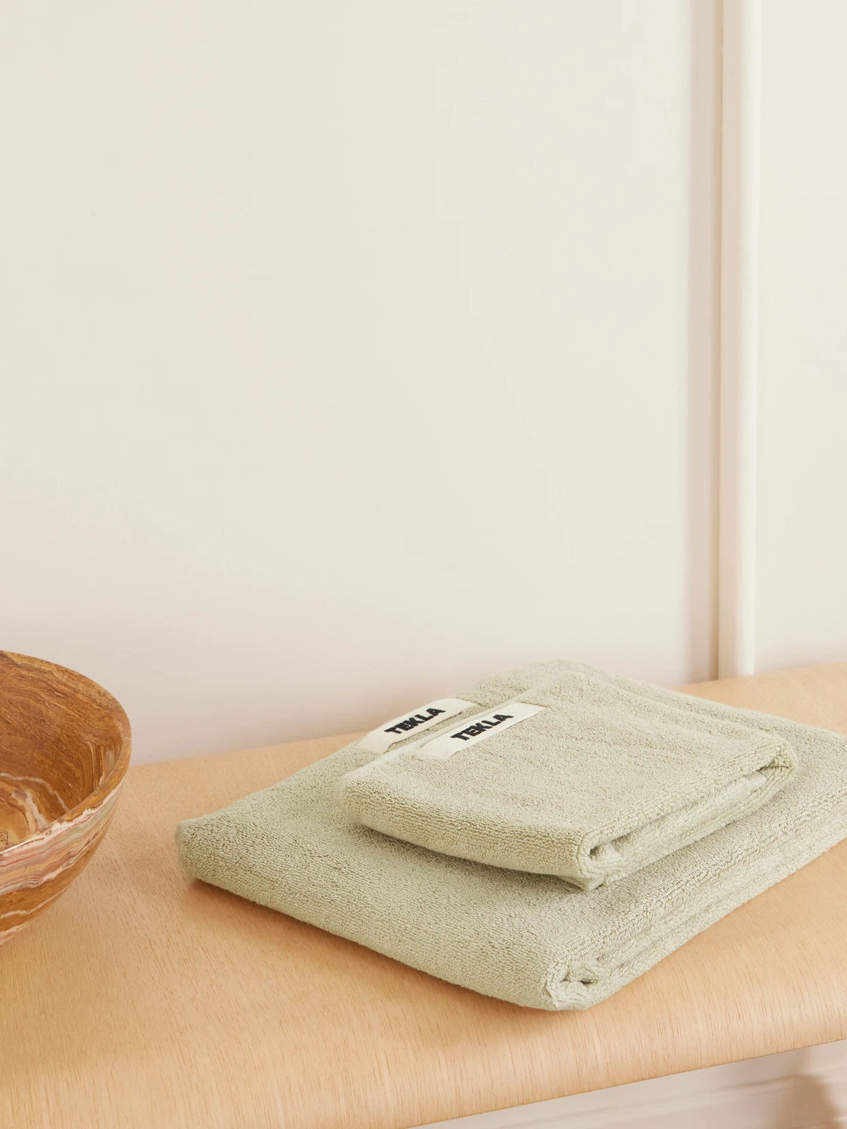 Image of Towels. Product name - Set Of Three Organic Cotton-terry Towels in Green colour by brand - TEKLA