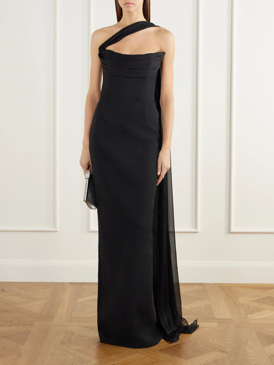 Image of Dresses. Product name - Julietta Scarf-detailed Strapless Chiffon-trimmed Crepe Gown in Black colour by brand - Ilkyaz Ozel