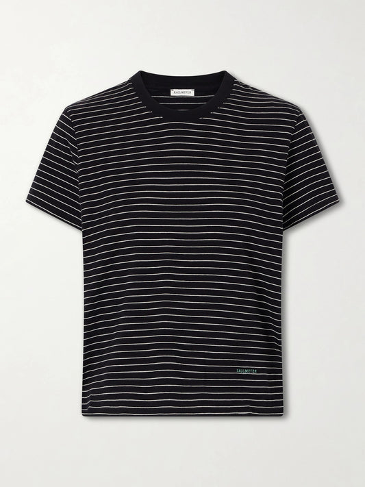 Image of a model wearing Tops. Product name - Kenzie Striped Cotton-jersey T-shirt in Black colour by brand - KALLMEYER