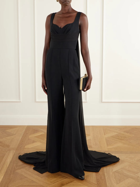 Image of Bodysuits. Product name - Ruched Chiffon-trimmed Silk-blend Cady Jumpsuit in Black colour by brand - Elie Saab