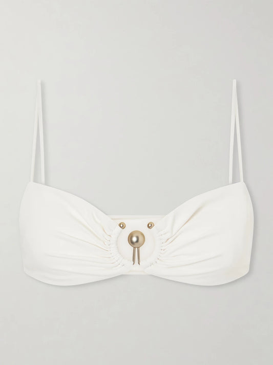 Image of Swimwear. Product name - Ruched Orbit Embellished Bikini Top in White colour by brand - Christopher Esber