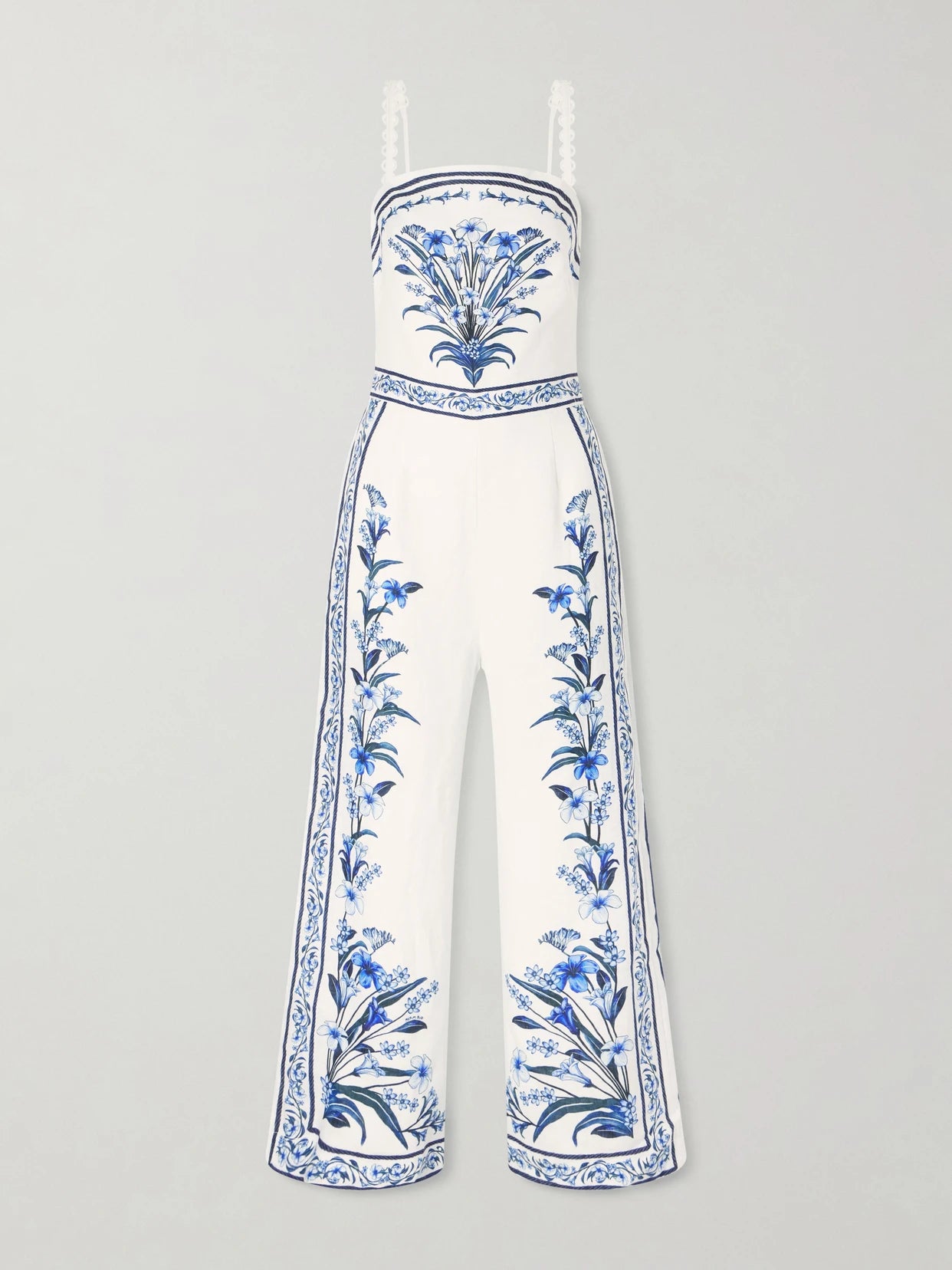Image of Bodysuits. Product name - Flowers Arch Printed Linen Jumpsuit in White colour by brand - Farm Rio