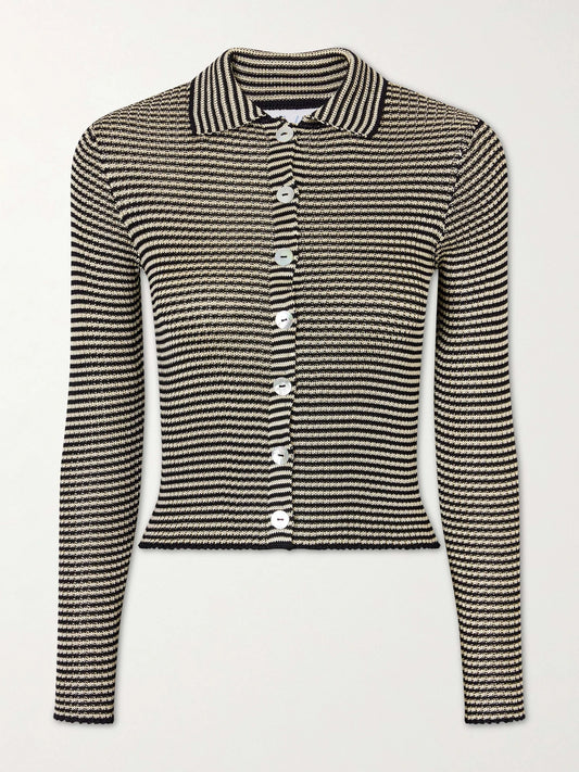 Image of a model wearing Outerwear. Product name - Striped Knitted Cardigan in Yellow colour by brand - Calle Del Mar