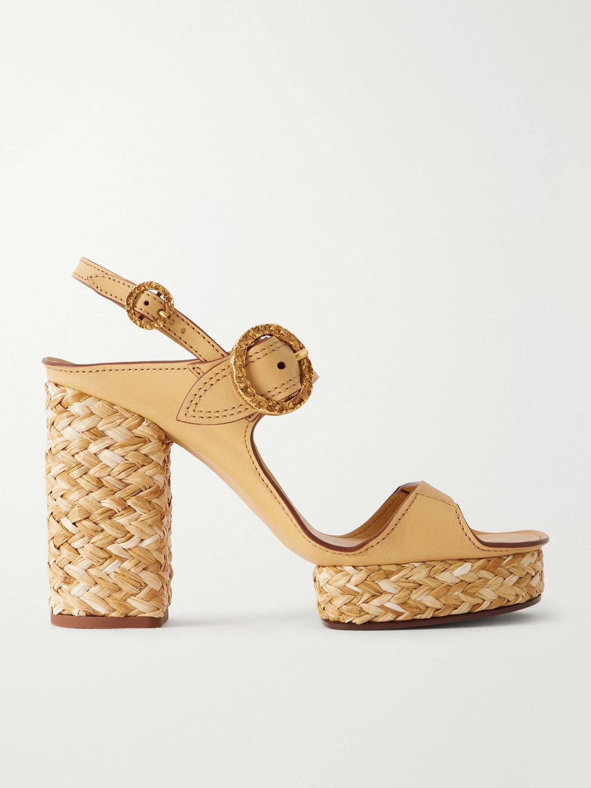 Solena Raffia-trimmed Leather Platform Sandals