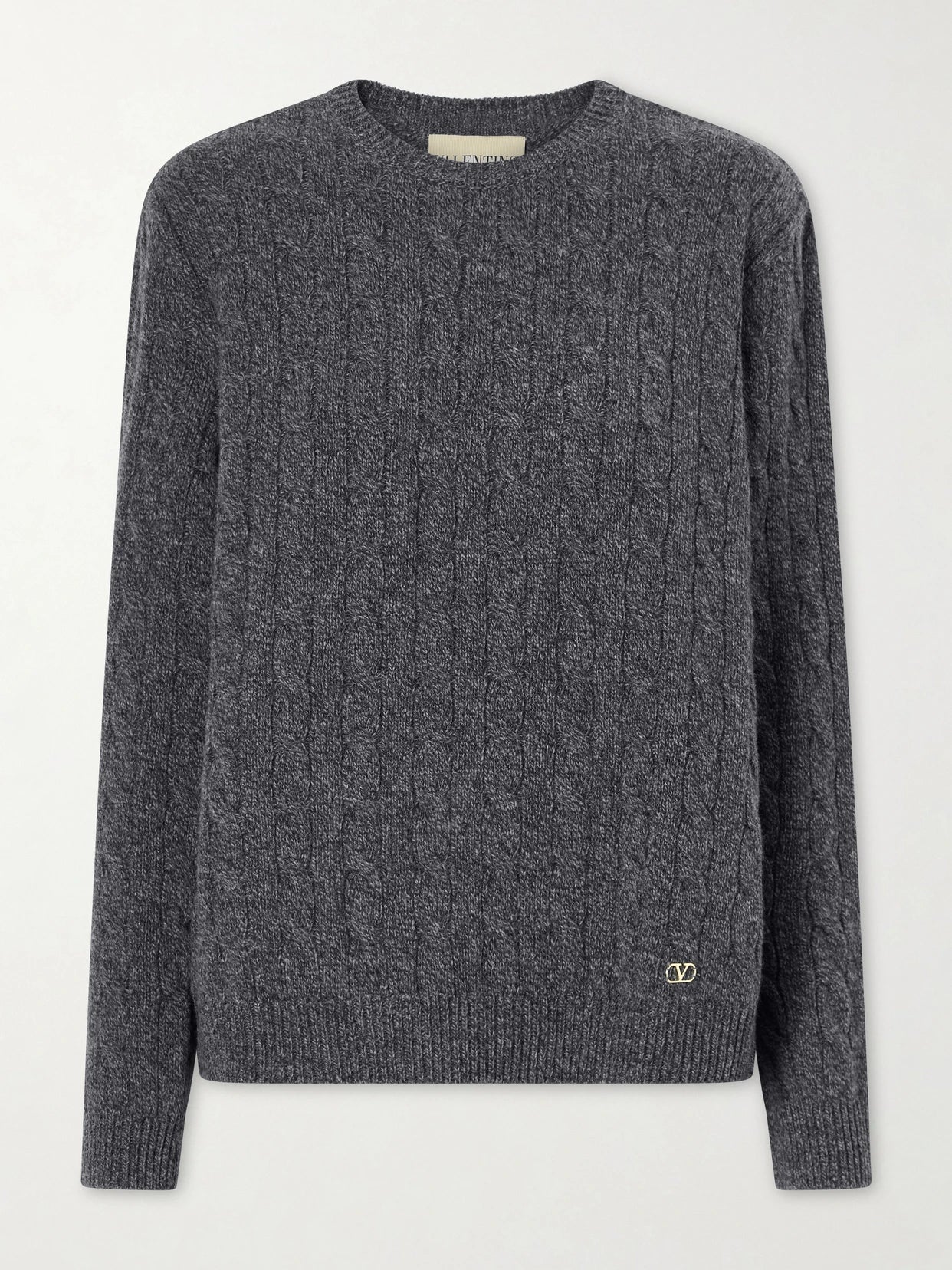 Image of a model wearing Outerwear. Product name - Cable-knit Wool Sweater in Gray colour by brand - Valentino Garavani