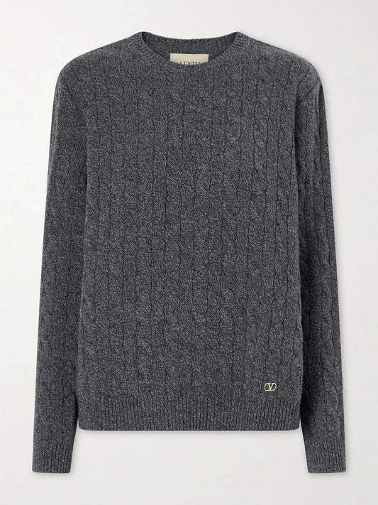 Image of a model wearing Outerwear. Product name - Cable-knit Wool Sweater in Gray colour by brand - Valentino Garavani