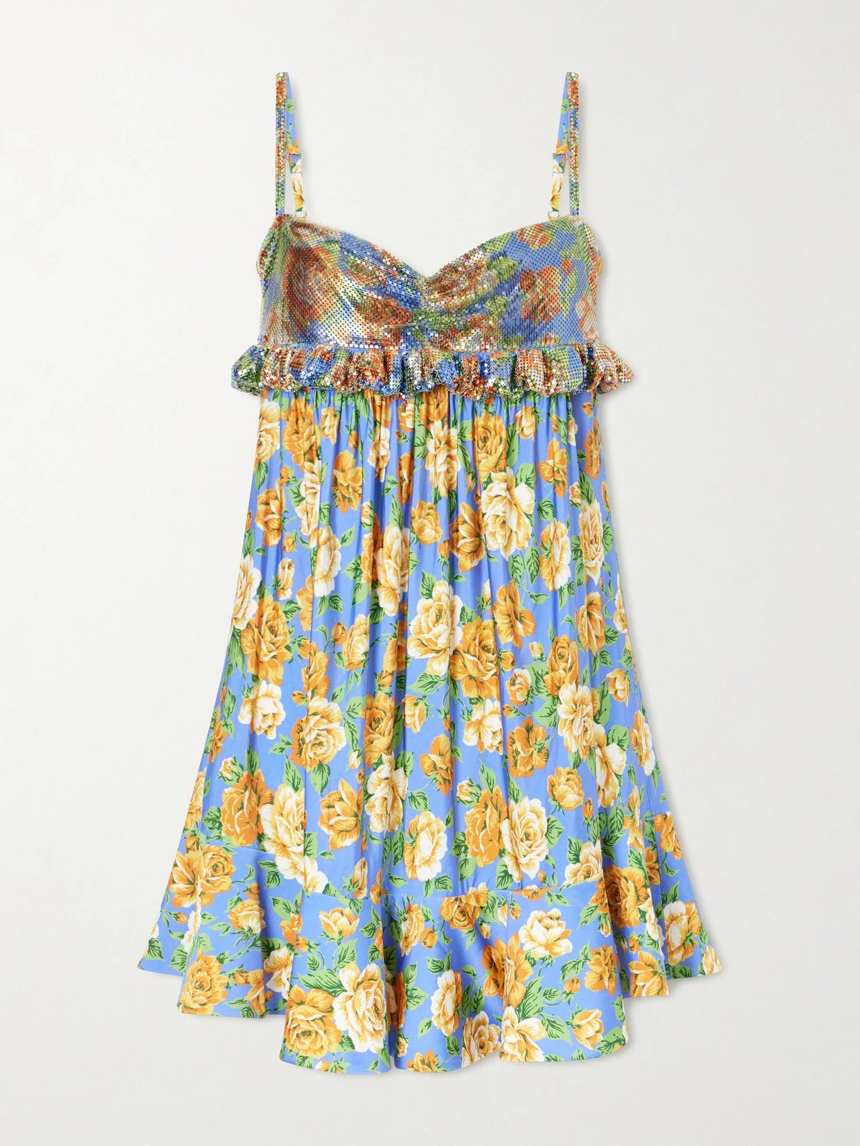 Image of Dresses. Product name - Embellished Ruffled Floral-print Jersey Mini Dress in Multi colour by brand - RABANNE