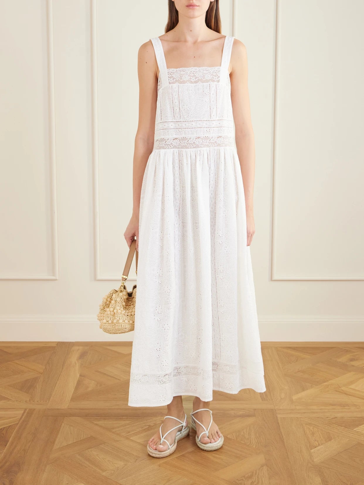 Image of Dresses. Product name - Antigua Lace-trimmed Embroidered Cotton Midi Dress in White colour by brand - Loretta Caponi