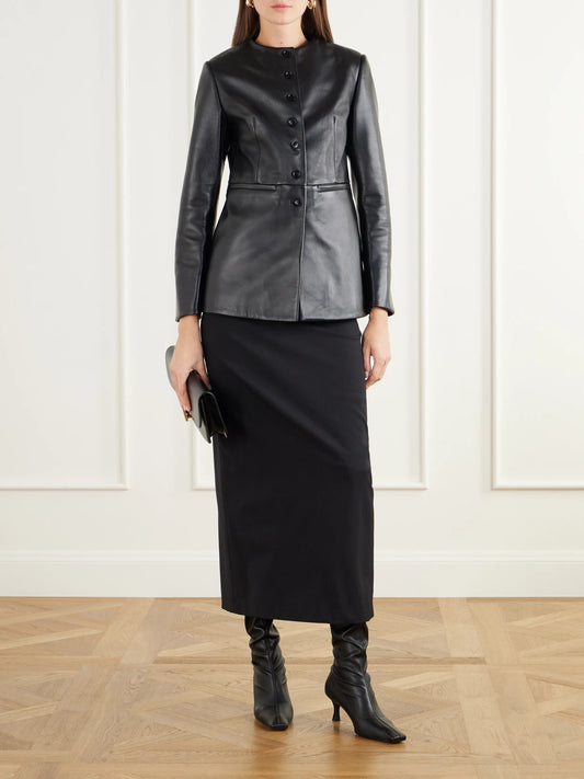 Image of Coats & Jackets. Product name - Dorothy Darted Leather Jacket in Black colour by brand - Almada