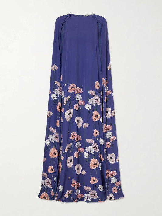 Image of Dresses. Product name - Minnie Cape-effect Sequin-embellished Embroidered Crepe Gown in Purple colour by brand - BERNADETTE