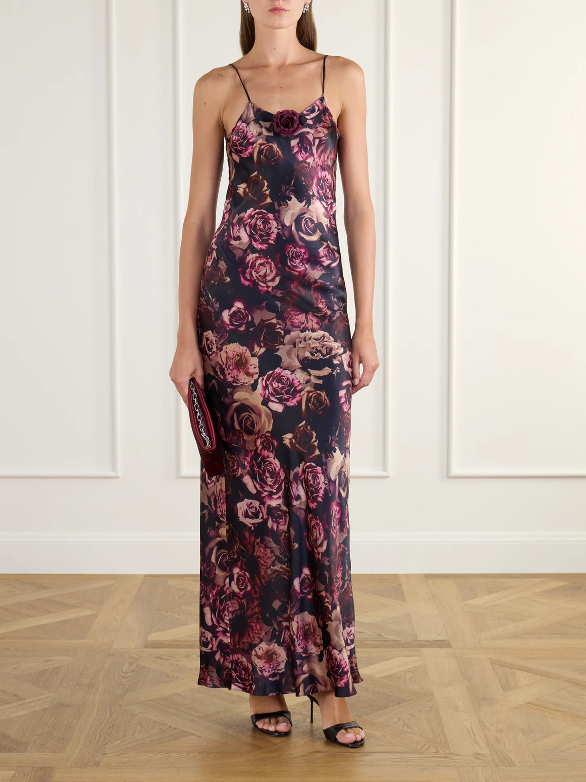 Image of Dresses. Product name - Rose-appliquéd Floral-print Silk-satin Gown in Multi colour by brand - Rodarte