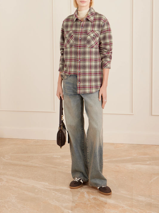 Image of a model wearing Tops. Product name - Balance Checked Cashmere Shirt in Beige colour by brand - God's True Cashmere