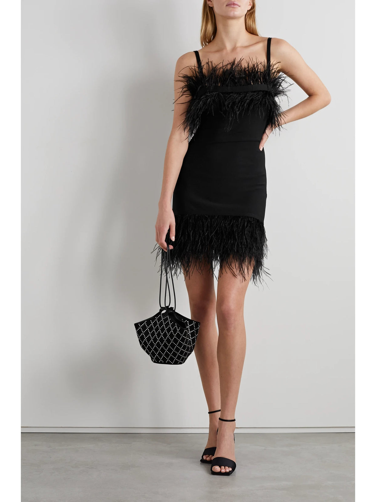 Image of Dresses. Product name - Etta Feather-trimmed Knitted Mini Dress in Black colour by brand - STAUD