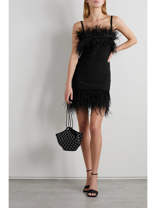 Image of Dresses. Product name - Etta Feather-trimmed Knitted Mini Dress in Black colour by brand - STAUD