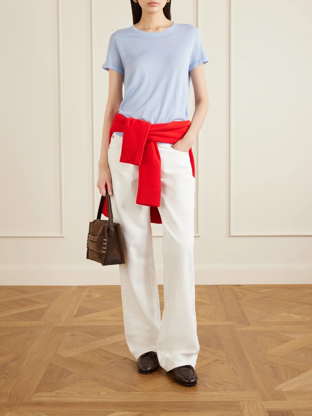 Image of a model wearing Outerwear. Product name - Cashmere T-shirt in Sky blue colour by brand - Arch4