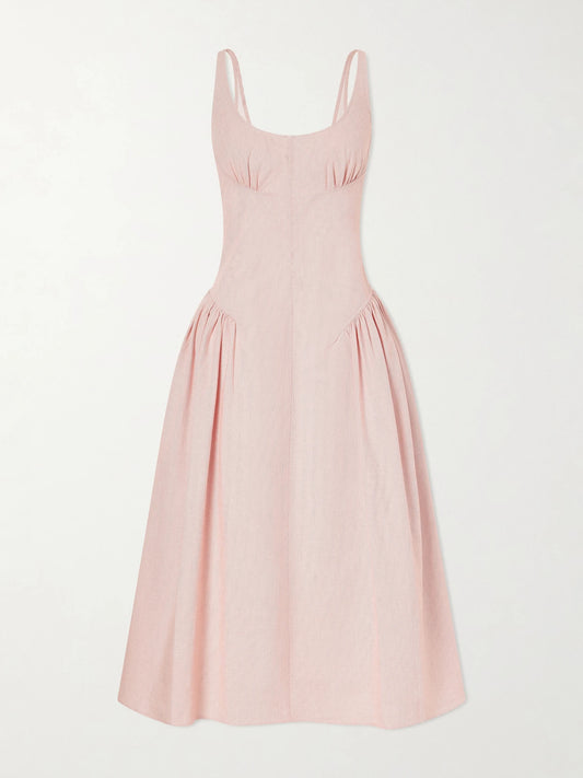 Image of Dresses. Product name - Solira Gathered Striped Cotton-blend Seersucker Midi Dress in Pastel pink colour by brand - Proenza Schouler White Label