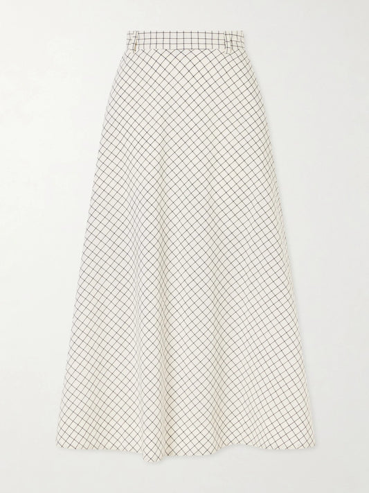 Image of a model wearing Skirts. Product name - Checked Cotton-blend Poplin Midi Skirt in Multi colour by brand - RÓHE