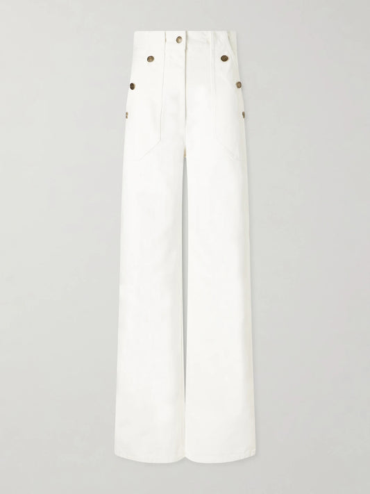 Image of Jeans. Product name - Logo-embroidered High-rise Wide-leg Jeans in White colour by brand - Max Mara