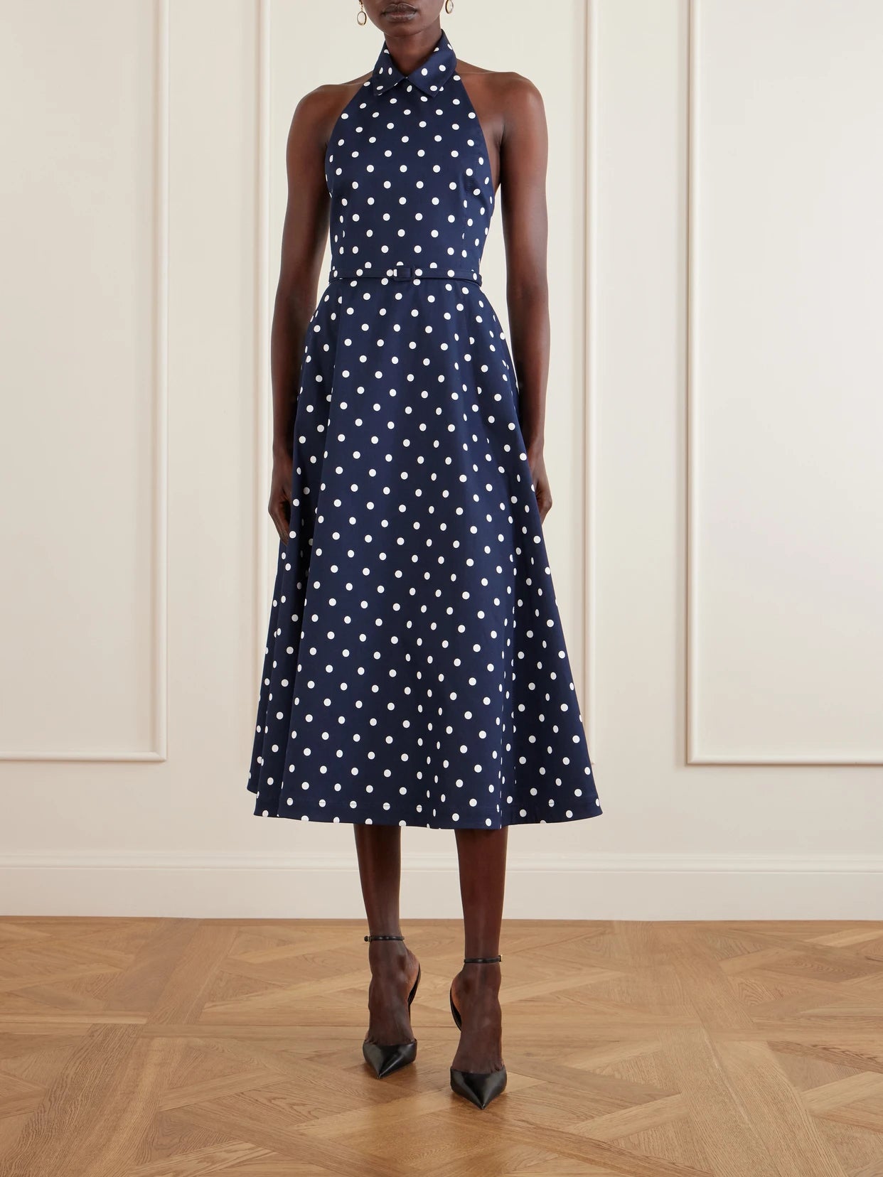 Image of Dresses. Product name - Belted Halter-neck Polka-dot Cotton-blend Twill Midi Dress in Navy colour by brand - Carolina Herrera