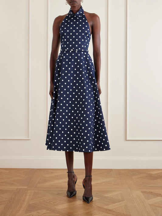 Image of Dresses. Product name - Belted Halter-neck Polka-dot Cotton-blend Twill Midi Dress in Navy colour by brand - Carolina Herrera