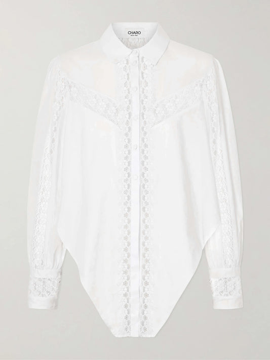Image of a model wearing Tops. Product name - Devi Cotton-blend Shirt in White colour by brand - Charo Ruiz