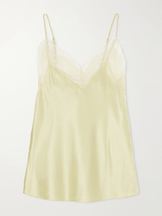 Image of a model wearing Tops. Product name - Johantan Lace-trimmed Silk-blend Satin Blouse in Light green colour by brand - Veronica Beard