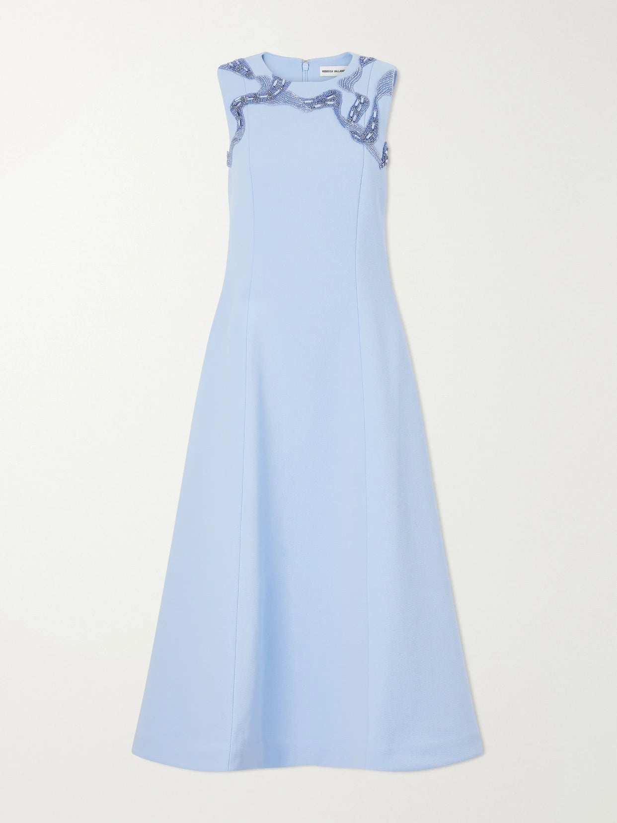 Image of Dresses. Product name - Aylin Embellished Cady Midi Dress in Light blue colour by brand - Rebecca Vallance